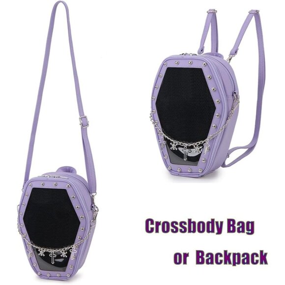 Gothic Coffin Shaped Handbag for Women Halloween Shoulder Bag Purple Backpack - Picture 2 of 9